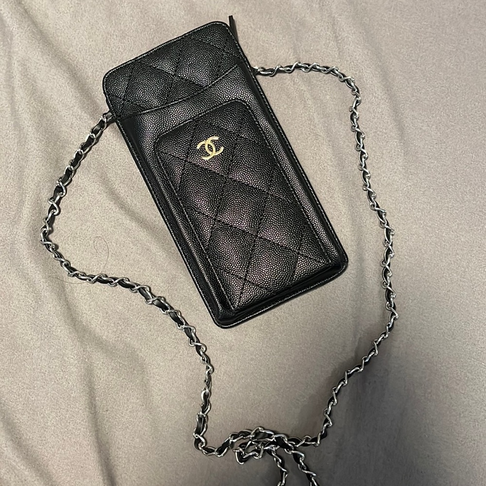 Chanel lookalike phone holder with chain